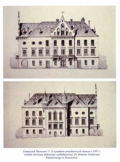 Franciszek Skowron /?/. Z rysunk&oacute;w projektowych ratusza z 1897 r. (widok od strony p&oacute;łnocnej i południowej). Ze zbior&oacute;w Archiwum Państwowego w Rzeszowie. Skan z katalogu do wystawy plenerowej "Prawdy i legendy o rzeszowskim Ratuszu", s. 15. Wydawnictwo Galerii Fotografii Miasta Rzeszowa, 2018